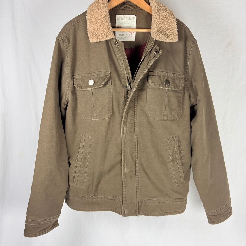 Aeropostale Mens Canvas Sherpa Collar Work Jacket Brown Large Utility Field